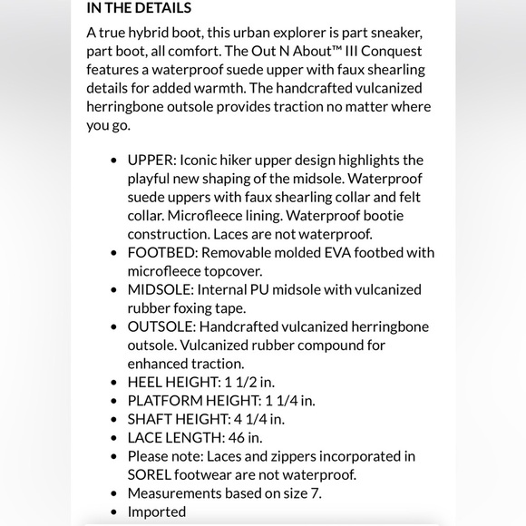 Sorel Out N’ About lll Conquest Boot Size 7 NWT - Picture 5 of 15